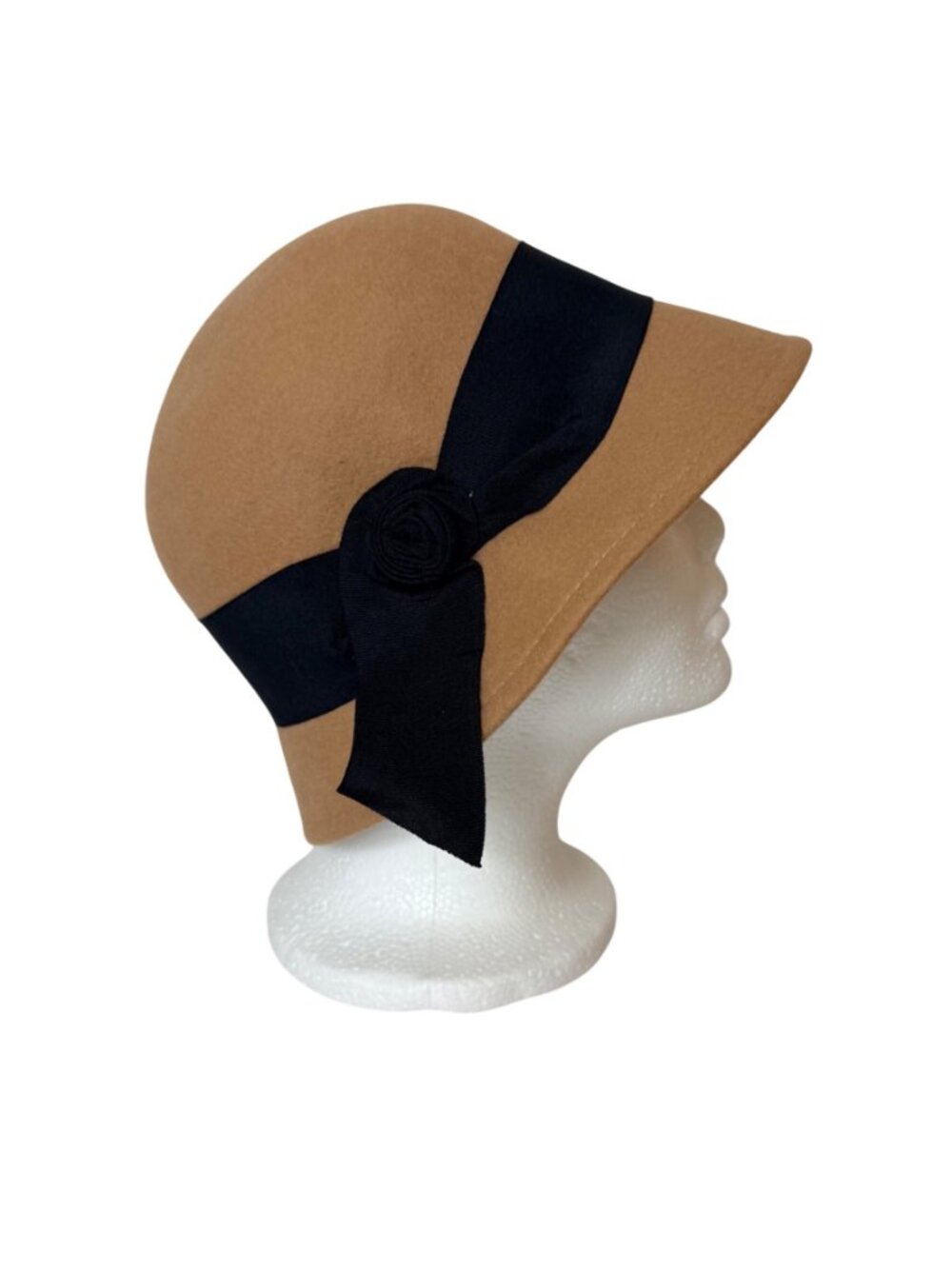 Camel Wool Cloche Hat Black Ribbon Floral Accent VTG Retro Winter Womens Fashion - Picture 3 of 16
